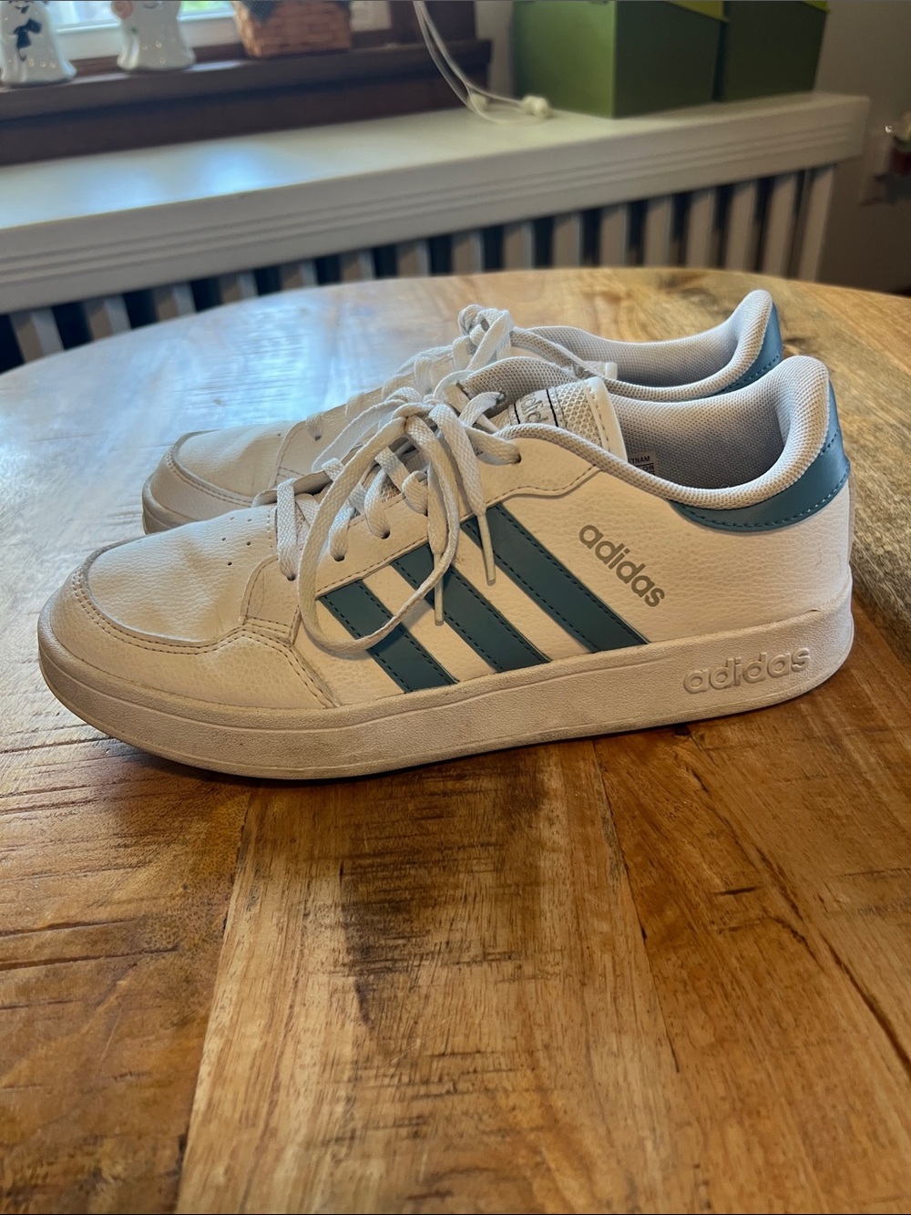 adidas White Sneakers with Teal Accent Stripes- Women’s 8.5